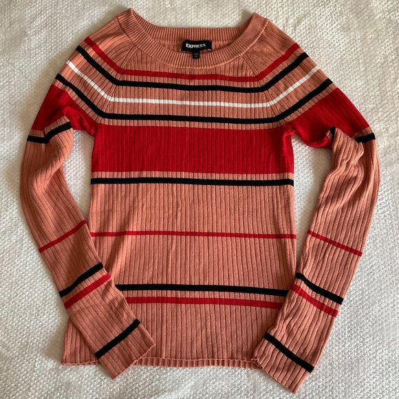 Express Fitted & Ribbed Striped Sweater in Pink, Red, Black & White Size M - Picture 1 of 5